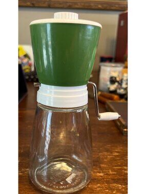 Glass & Green Plastic HandCrank Nut Chopper Metal Blades White Lid Retro VTG